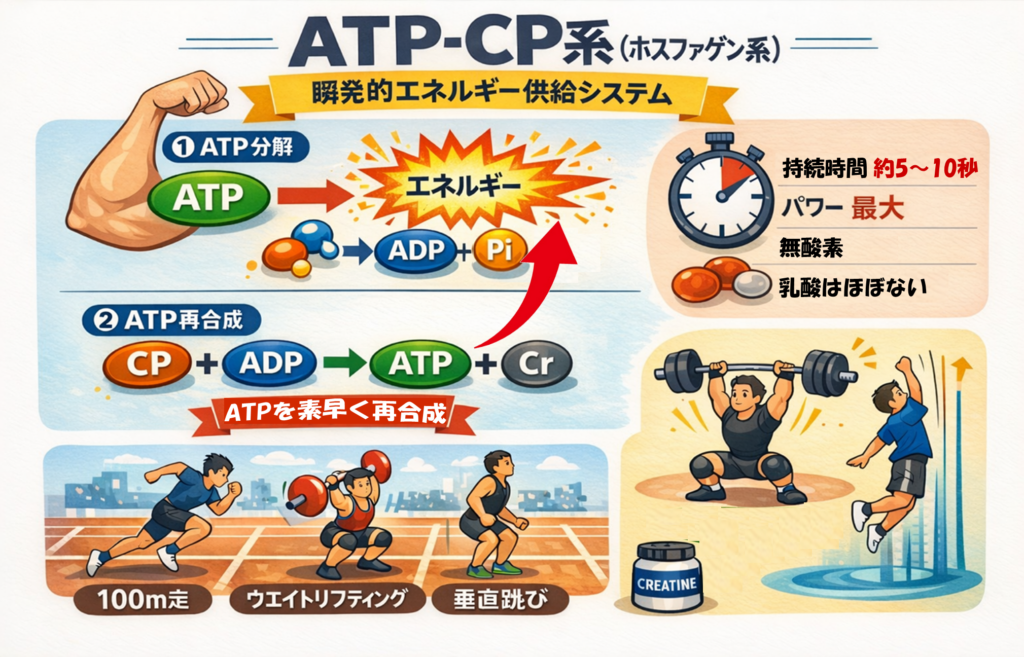 ATP-CP系でエネルギーを生み出す過程(ATP分解とCPによる再合成)